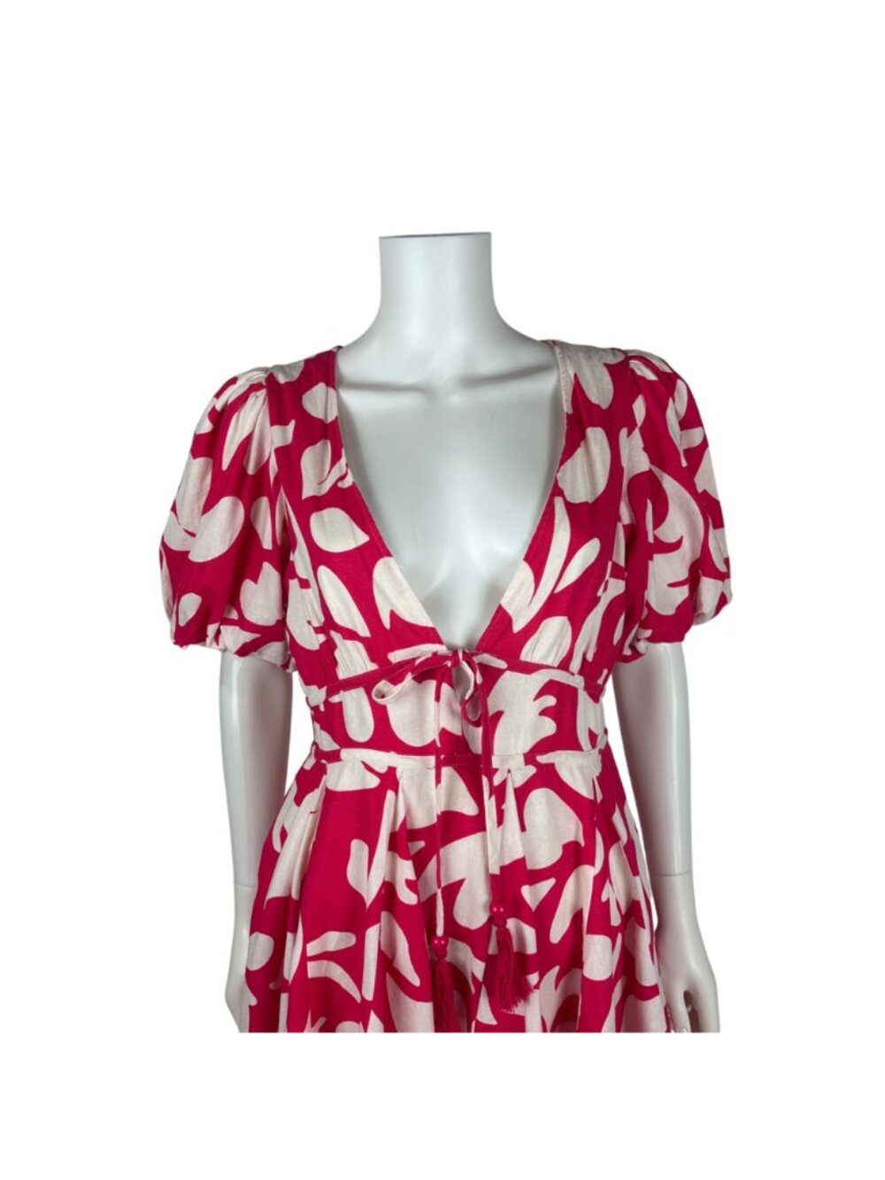 House of Harlow 1960 Hot Pink Linen Dress Womens Size 10 Puff Sleeves Plunge Nec - Picture 2 of 14